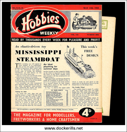 Hobbies Weekly Magazine, Vol. 116, No. 3002, May 13th, 1953. Plan For An Elastic-Driven Toy Mississippi Steamboat - Cover.