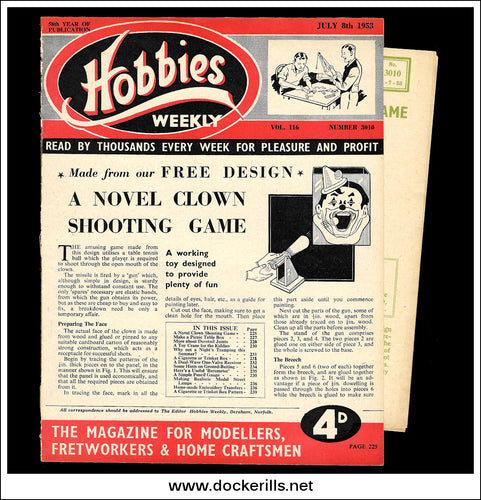 Hobbies Weekly Magazine, Vol. 116, No. 3010, July 8th, 1953. Plan For A Clown Shooting Game - Cover.