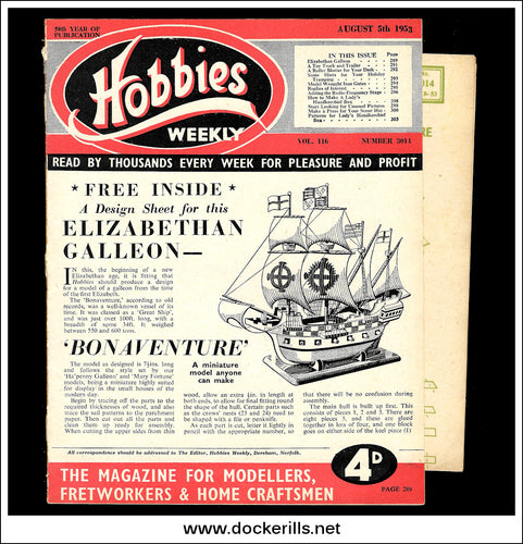 Hobbies Weekly Magazine, Vol. 116, No. 3014, August 5th, 1953. Plan For A Model Elizabethan Galleon 'Bonaventure' - Cover.