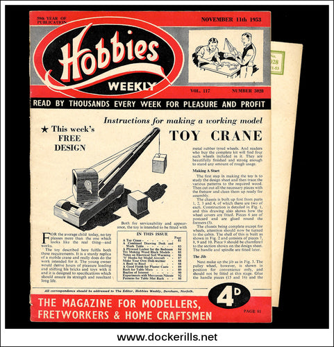 Hobbies Weekly Magazine, Vol. 117, No. 3028, November 11th, 1953. Plan For A Working Toy Mobile Crane - Cover.