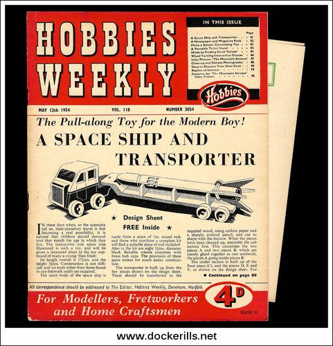 Hobbies Weekly Magazine, Vol. 118, No. 3054, May 12th, 1954. Plan For A Model Space Ship And Transporter - Cover.
