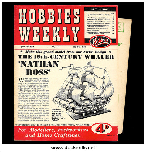 Hobbies Weekly Magazine, Vol. 118, No. 3058, June 9th, 1954. Plan For A Model Of The 19th-Century Whaler 'Nathan Ross' - Cover.