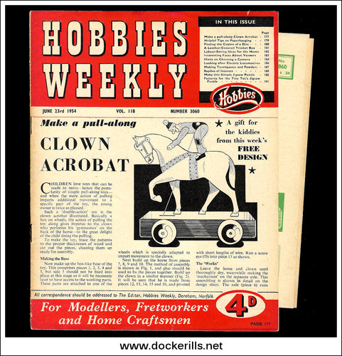 Hobbies Weekly Magazine, Vol. 118, No. 3060, June 23rd, 1954. Plan For A Pull-Along Clown Acrobat - Cover.