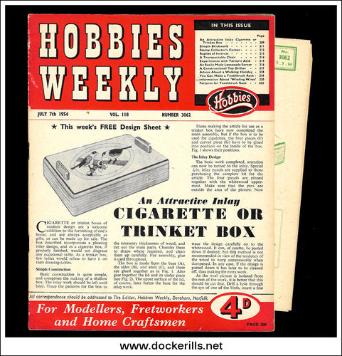 Hobbies Weekly Magazine, Vol. 118, No. 3062, July 7th, 1954. Plan For A Cigarette Or Trinket Box - Cover.
