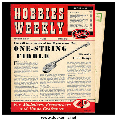 Hobbies Weekly Magazine, Vol. 118, No. 3072, September 15th, 1954. Plan For A One-String Fiddle - Cover.