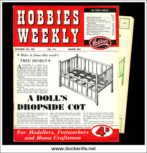 Hobbies Weekly Magazine, Vol. 119, No. 3082, November 24th, 1954. Plan For A Doll's Dropside Cot - Cover.
