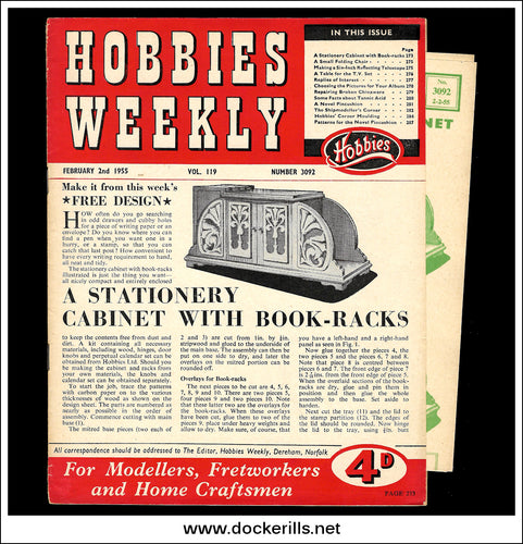 Hobbies Weekly Magazine, Vol. 119, No. 3092, February 2nd, 1955. Plan For A Stationery Cabinet With Book-Rack - Cover.