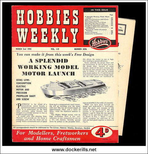 Hobbies Weekly Magazine, Vol. 119, No. 3096, March 2nd, 1955. Plan For A Working Model Motor Launch - Cover.