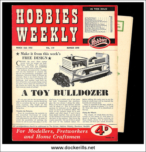 Hobbies Weekly Magazine, Vol. 119, No. 3098, March 16th, 1955. Plan For A Toy Bulldozer - Cover.