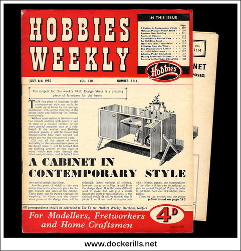 Hobbies Weekly Magazine, Vol. 120, No. 3114, July 6th, 1955. Plan For A Contemporary Cabinet (For Cocktails Or General Purpose) - Cover.