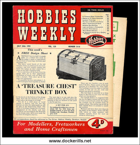 Hobbies Weekly Magazine, Vol. 120, No. 3116, July 20th, 1955. Plan For A Novelty Trinket Box Treasure Chest - Cover.