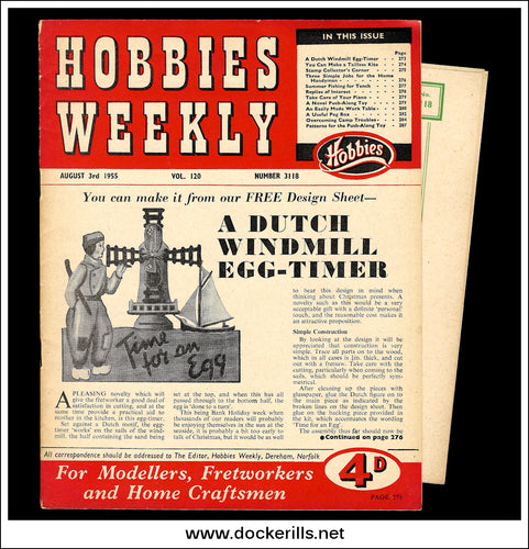 Hobbies Weekly Magazine, Vol. 120, No. 3118, August 3rd, 1955. Plan For A Dutch Windmill Egg-Timer - Cover.
