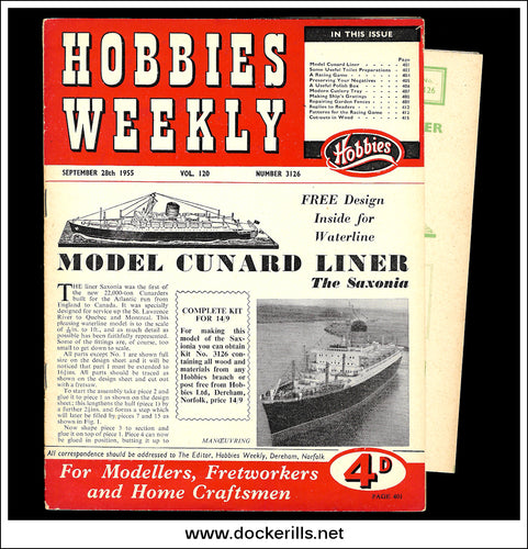 Hobbies Weekly Magazine, Vol. 120, No. 3126, September 28th, 1955. Plan For A Model Cunard Liner 'The Saxonia' - Cover.