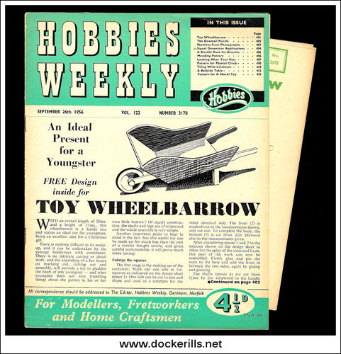 Hobbies Weekly Magazine, Vol. 122, No. 3178, September 26th, 1956. Plan For A Toy Wheelbarrow - Cover.