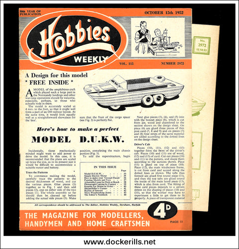 Hobbies Weekly Magazine, Vol. 115, No. 2972, October 15th, 1952. Plan For A Model D.U.K.W. - Plan.