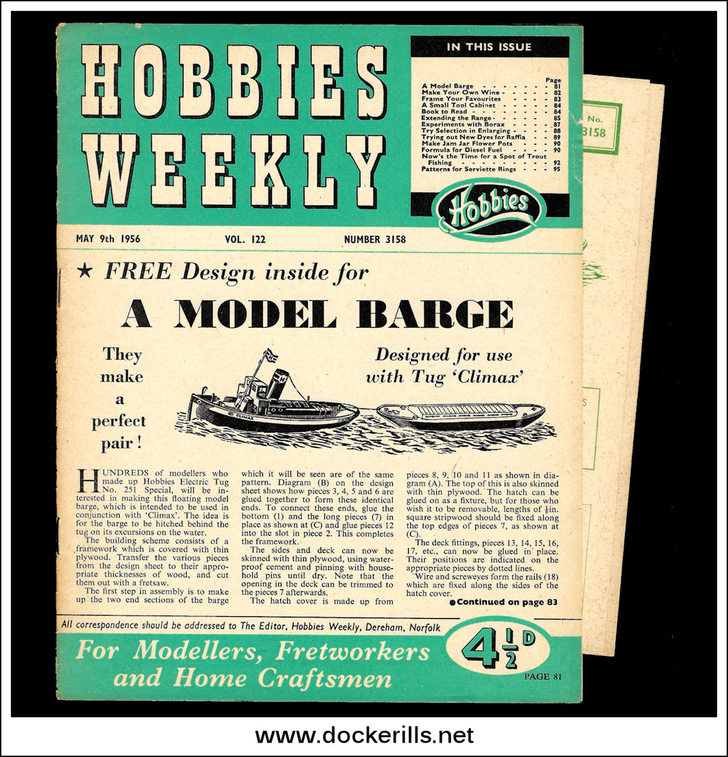Hobbies Weekly Magazine, Vol. 122, No. 3158, May 9th, 1956. Plan For A Model Barge - Cover.