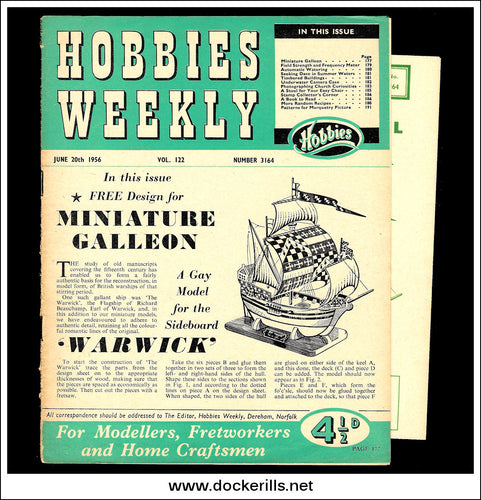 Hobbies Weekly Magazine, Vol. 122, No. 3164, June 20th, 1956. Plan For A Miniature Galleon 'Warwick' - Cover.