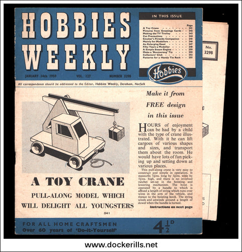 Hobbies Weekly Magazine, Vol. 127, No. 3298, January 14th, 1959. Plan For A Toy Crane.