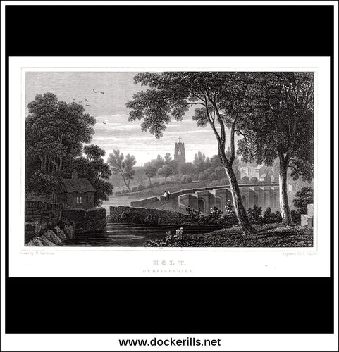 Holt, Denbighshire, Wales. Antique Print, Steel Engraving c. 1830.