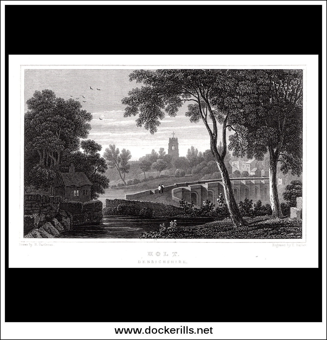 Holt, Denbighshire, Wales. Antique Print, Steel Engraving c. 1830.