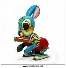 Hopping Rabbit With Carrot, Yoneya, Japan. Vintage Tinplate Clockwork / Wind-Up Toy. (SY, YONE). 1