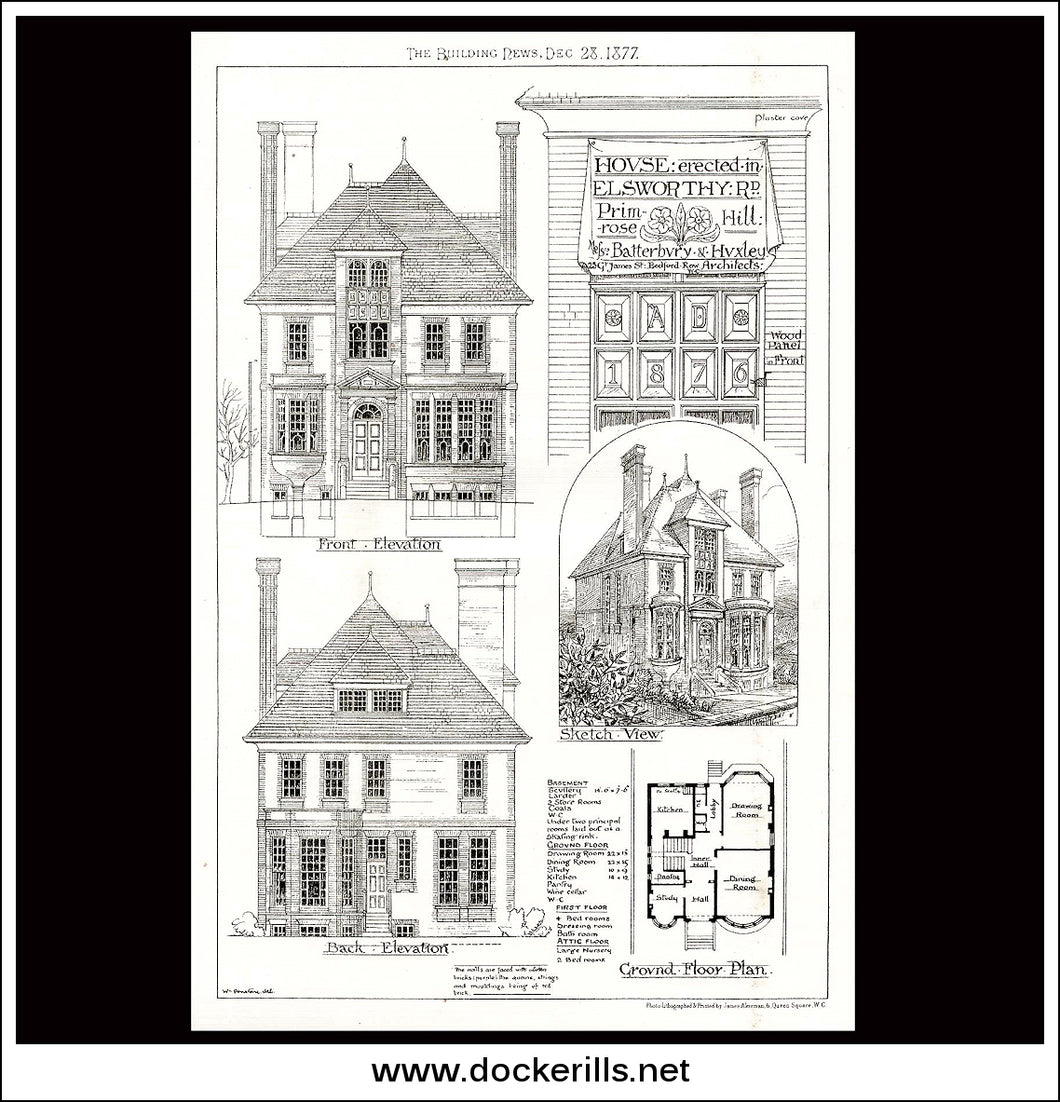 House Errected In Elsworthy Road, Primrose Hill - The Building News. Antique Print, Lithograph 1877.