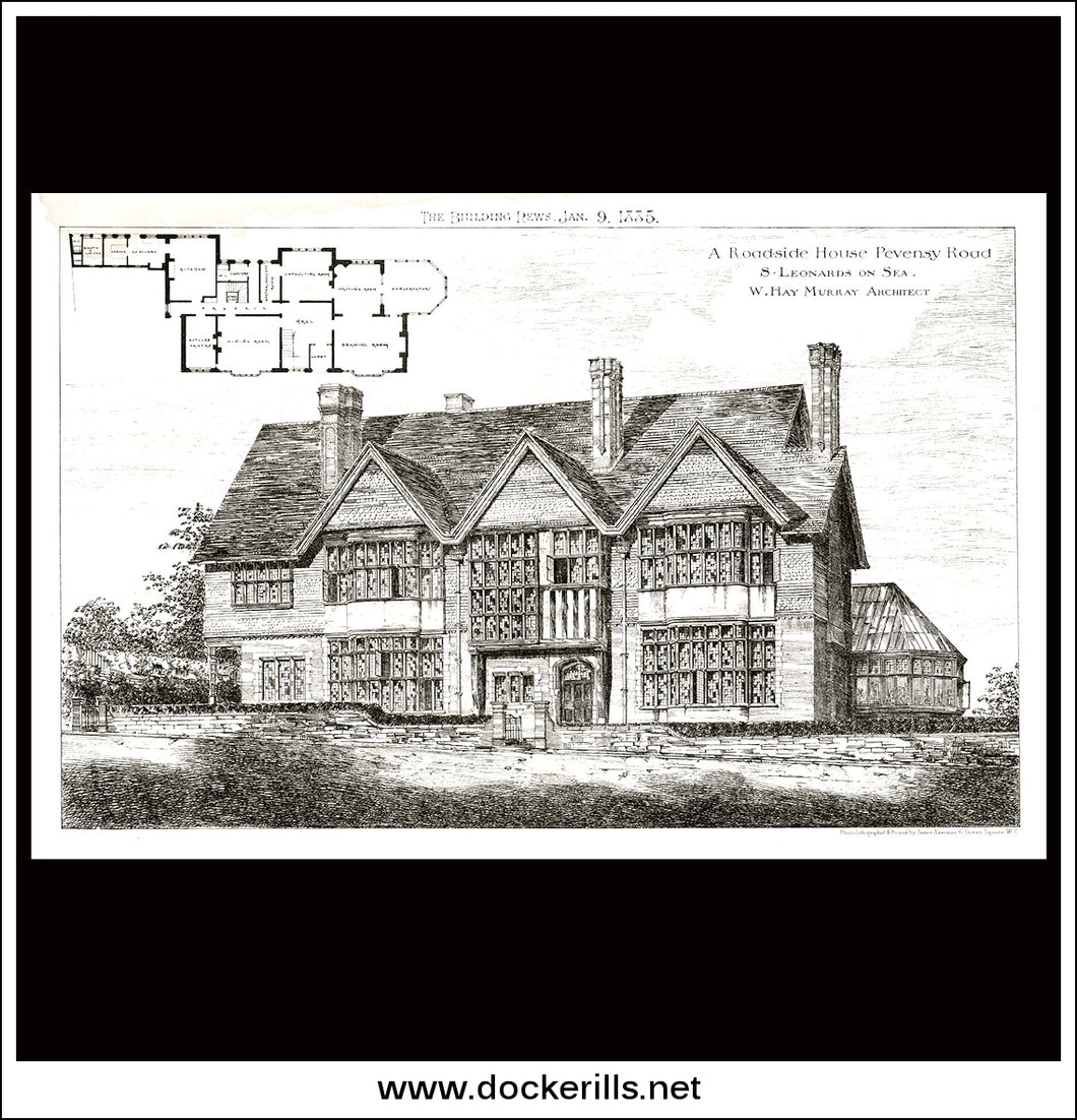 House On Pevensy Rd, St. Leonards On Sea - The Building News. Antique Print, Lithograph 1885.