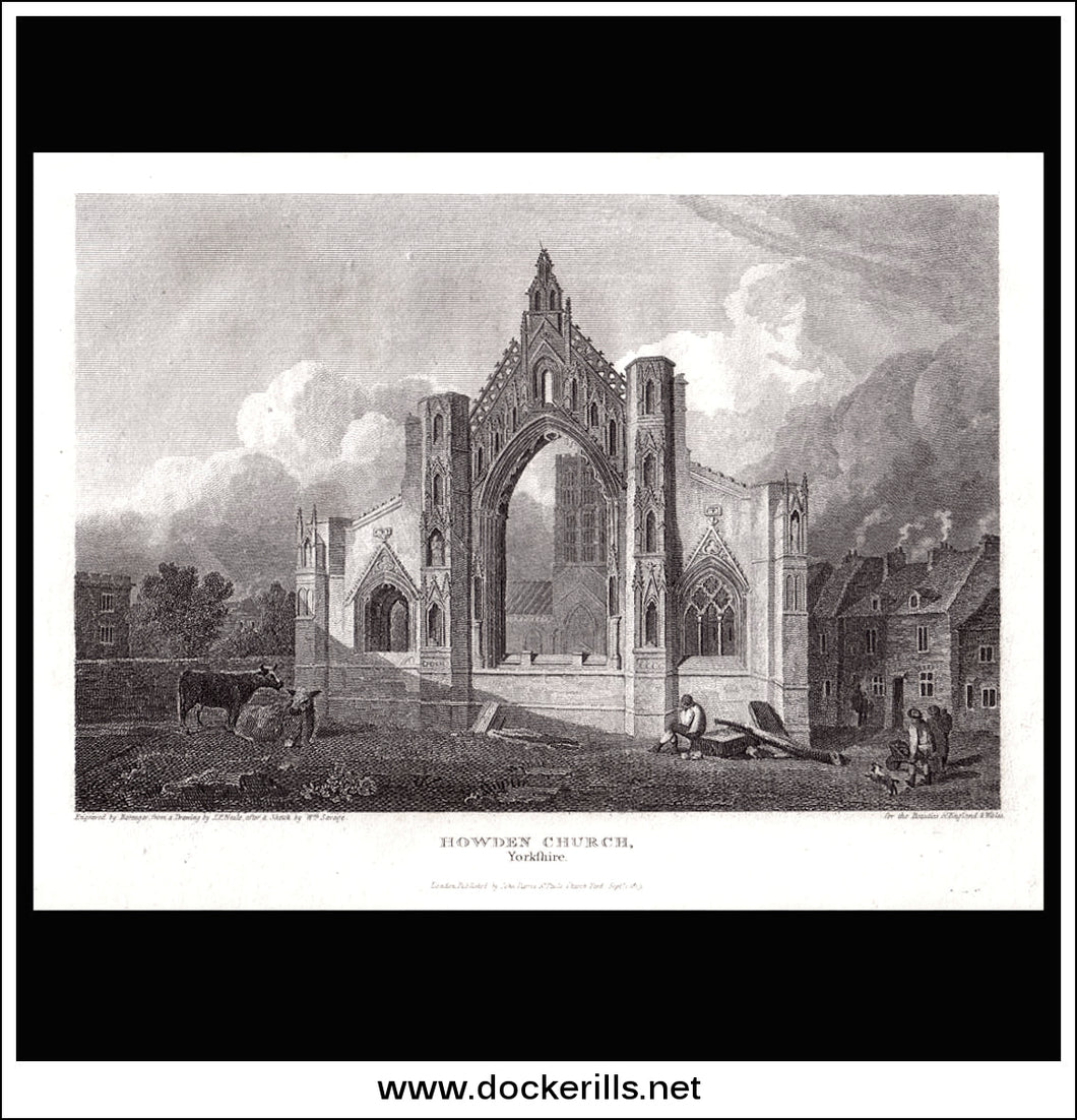 Howden Church, Yorkshire, England. Antique Print, Copper Plate Engraving 1813.