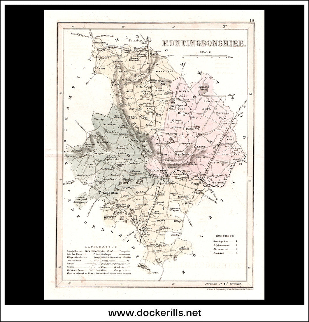 Map Of Huntingdonshire, England. Antique Print, Steel Engraving c. 1846.