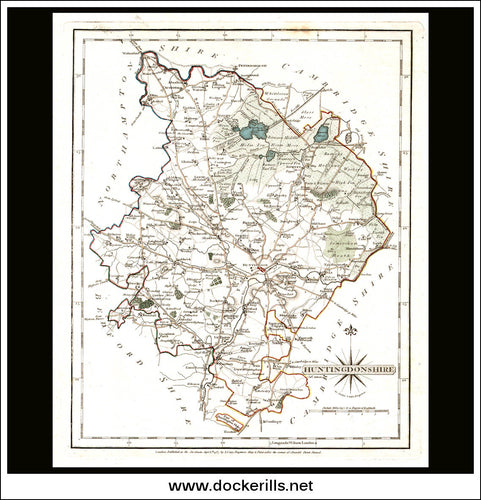 Map Of Huntingdonshire, England. Antique Map, Steel Engraving. J. Carey, 1787.