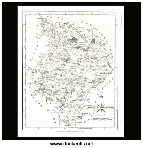 Map Of Huntingdonshire, England. Antique Map, Steel Engraving. J. Carey, 1793.