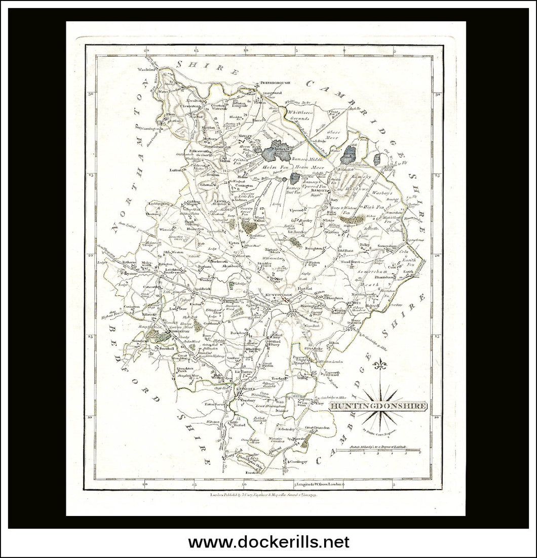 Map Of Huntingdonshire, England. Antique Map, Steel Engraving. J. Carey, 1793.