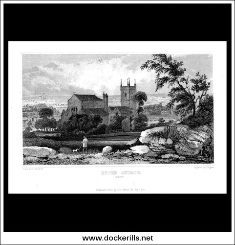 Hythe Church, Kent, England. Antique Print, Steel Engraving 1830.