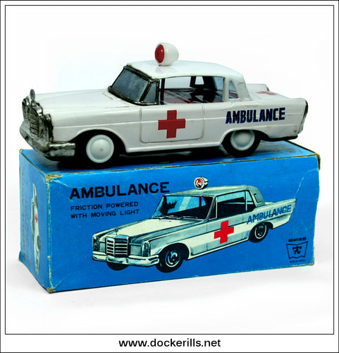 Mercedes Ambulance Car. Vintage Friction Drive Tin Plate Toy, Ichiko, Japan.