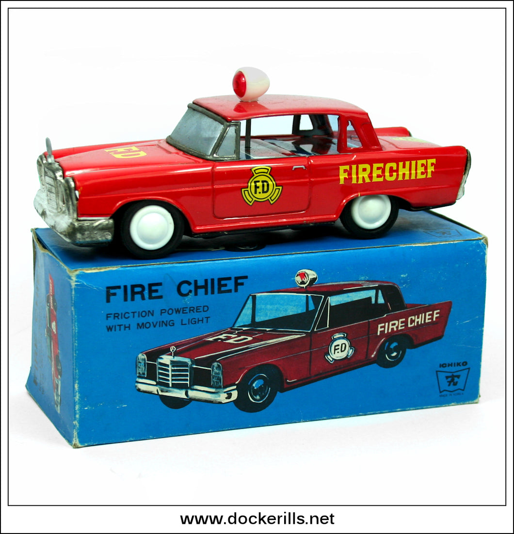 Mercedes Fire Chief Car. Vintage Friction Drive Tin Plate Toy, Ichiko, Japan.