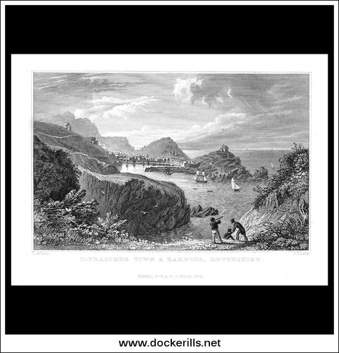 Ilfracombe Town & Harbour, Devonshire, England. Antique Print, Steel Engraving 1831.