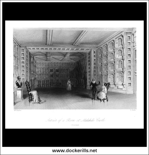 Interior Of A Room At Malahide Castle (Dublin), Co. Dublin, Ireland. Antique Print, Steel Engraving c. 1840.