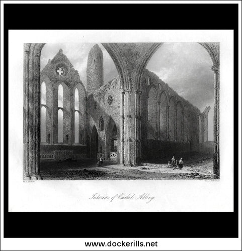 Interior Of Cashel Abbey, Co. Tipperary, Ireland. Antique Print, Steel Engraving c. 1840.