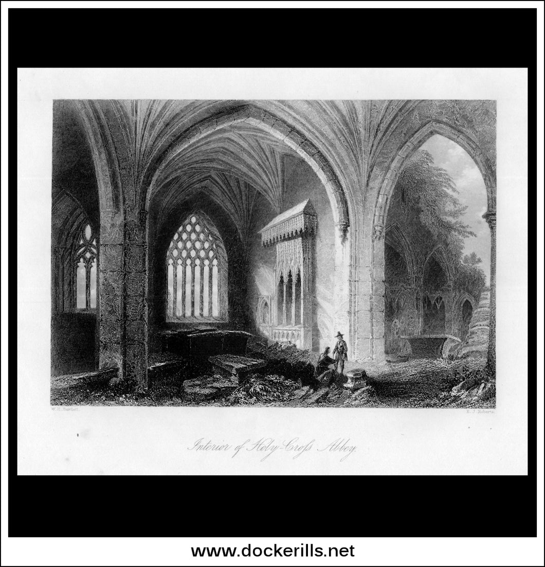 Interior Of Holy Cross Abbey, Co. Tipperary, Ireland. Antique Print, Steel Engraving c. 1840.