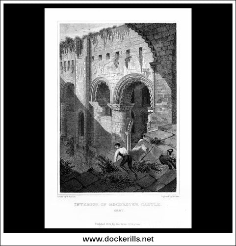 Interior Of Rochester Castle, Kent, England. Antique Print, Steel Engraving 1829.