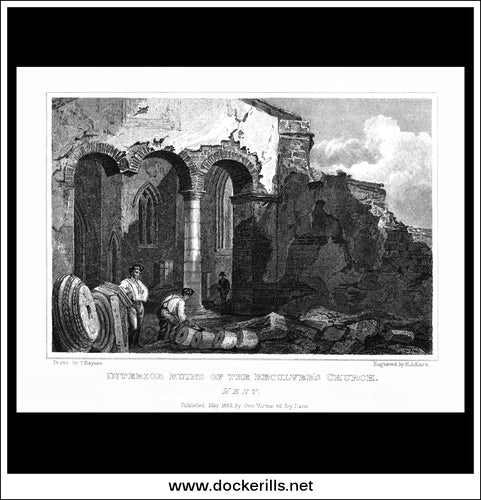 Interior Ruins Of The Reculver's Church, Kent, England. Antique Print, Steel Engraving 1832.