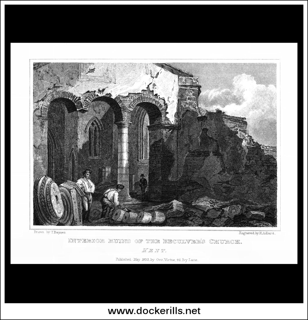Interior Ruins Of The Reculver's Church, Kent, England. Antique Print, Steel Engraving 1832.