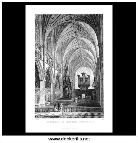 Interior Of Exeter Cathedral, Exeter, Devonshire, England. Antique Print, Steel Engraving 1831.