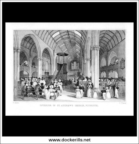 Interior Of St. Andrew's Church, Plymouth, Devonshire, England. Antique Print, Steel Engraving c. 1830.