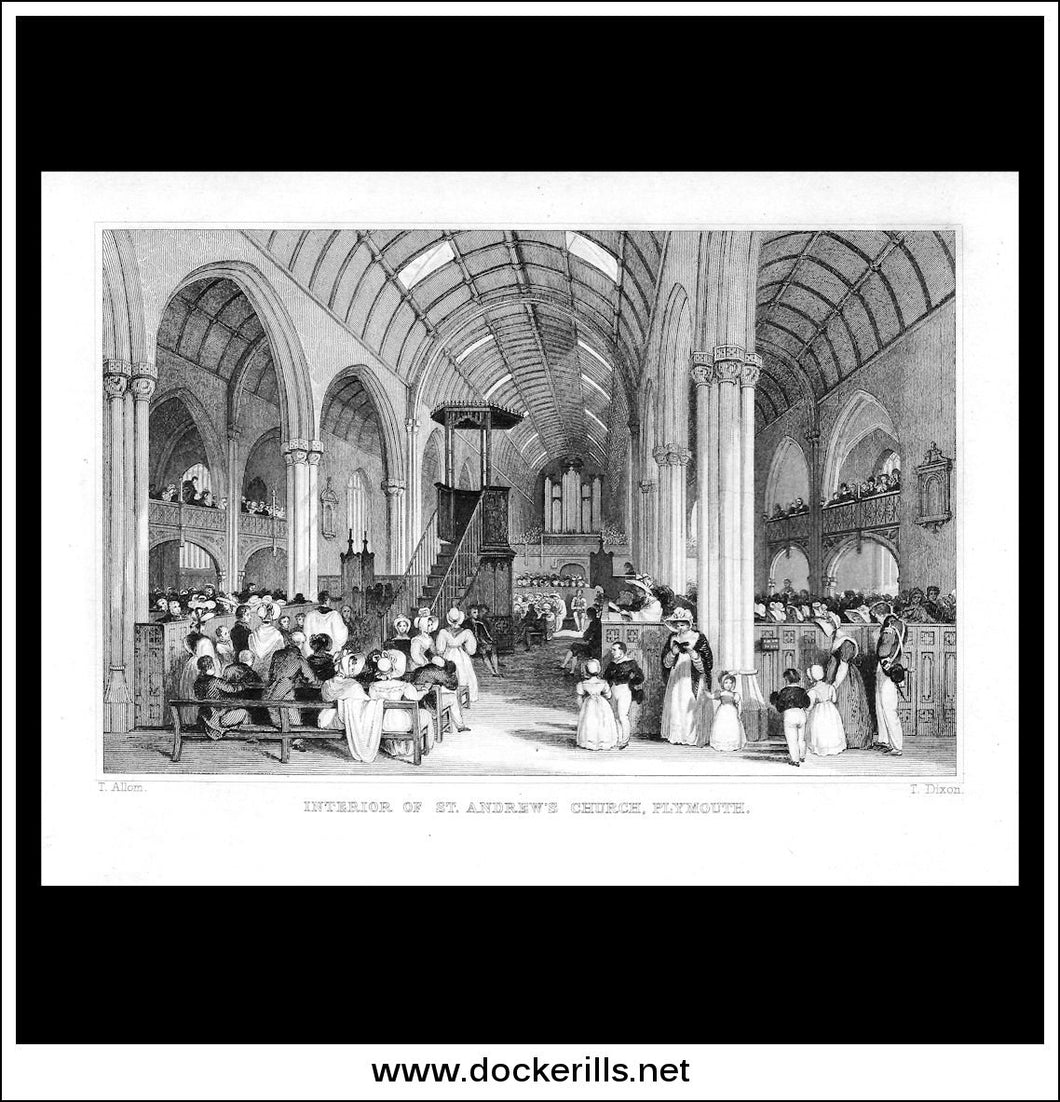 Interior Of St. Andrew's Church, Plymouth, Devonshire, England. Antique Print, Steel Engraving c. 1830.