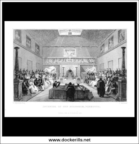 Interior Of The Athenaeum, Plymouth, Devonshire, England. Antique Print, Steel Engraving 1832.