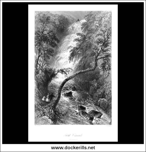 Turk Cascade, Killarney, Co. Kerry, Ireland. Antique Print, Steel Engraving 1840.