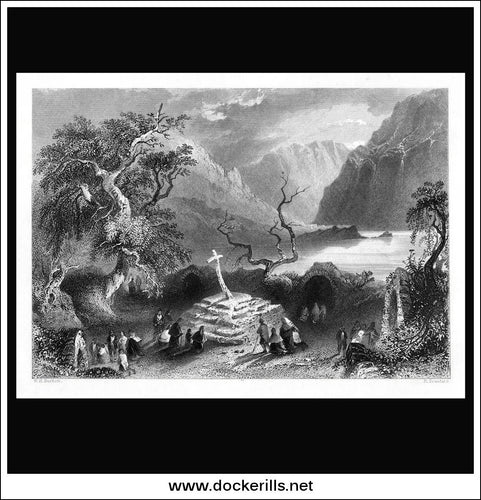 Scene At Gougaune Barra, Co. Kerry, Ireland. Antique Print, Steel Engraving 1840.