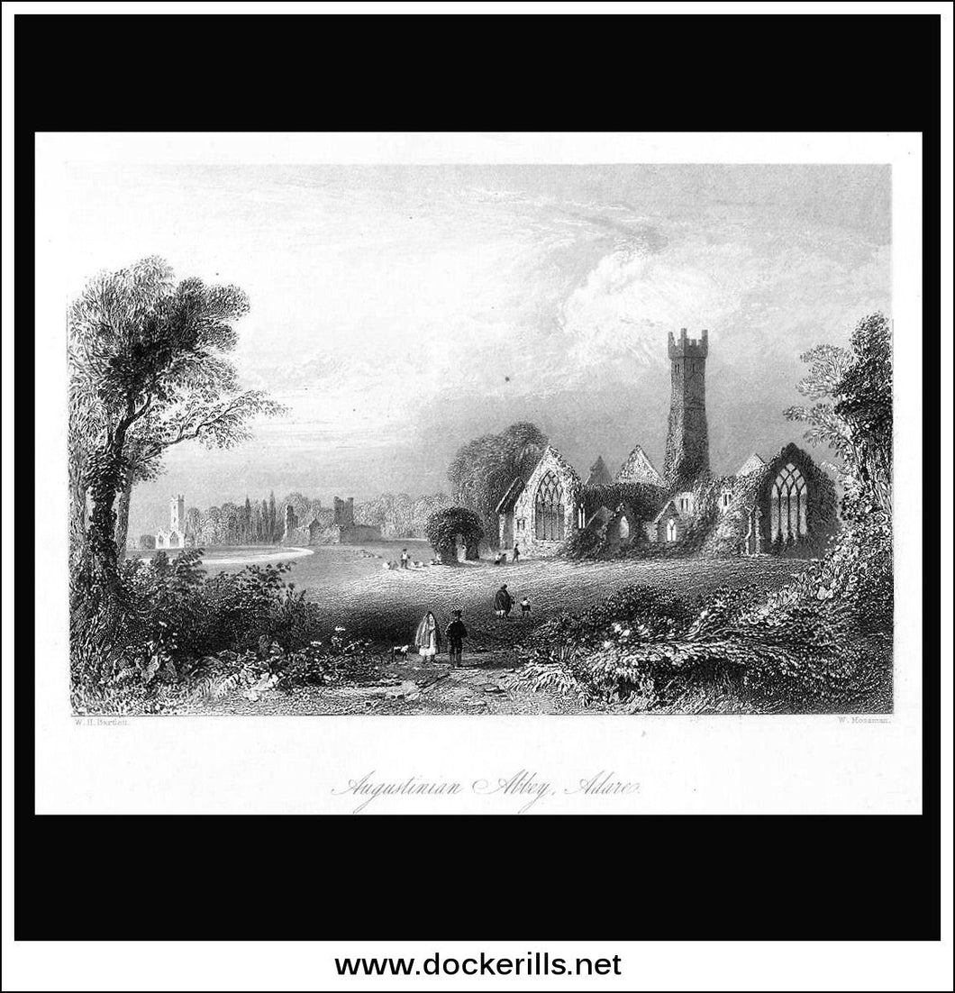 Augustinian Abbey, Adare, Co. Limerick, Ireland. Antique Print, Steel Engraving 1840.
