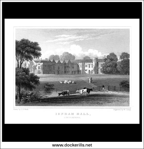 Irnham Hall, Lincolnshire, England. Antique Print, Steel Engraving c. 1830.